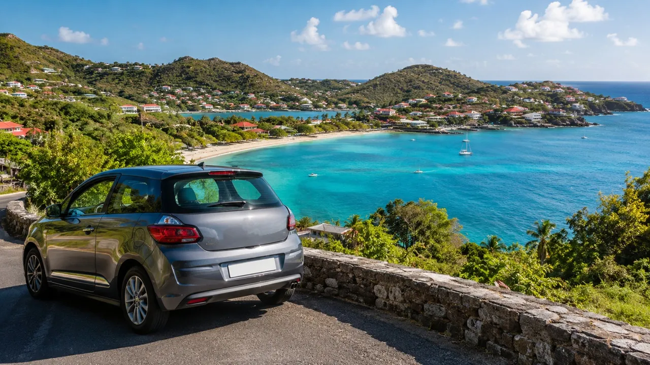 Voiture compacte face à une baie tropicale évoquant Saint-Barthélemy