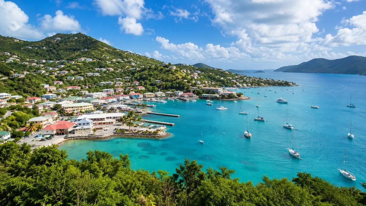 Port caribéen entouré de collines et donnant sur une baie