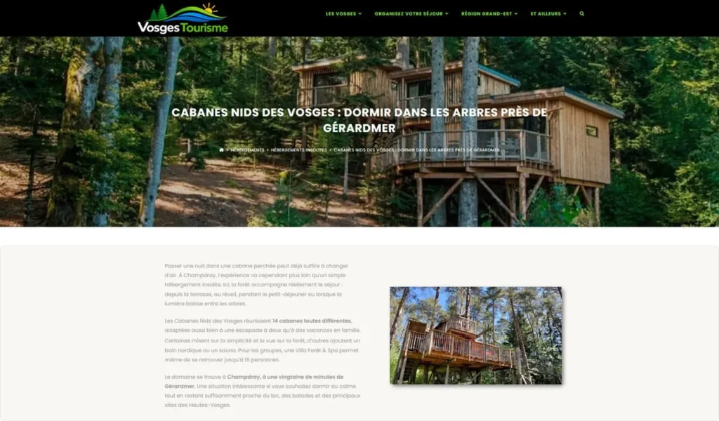 Cabanes Nids des Vosges, exemple de partenariat avec Vosges Tourisme